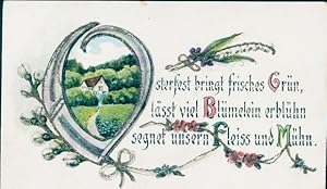 Glitzer Ansichtskarte / Postkarte Glückwunsch Ostern, Weidenkätzchen, Wohnhaus