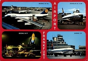Ansichtskarte / Postkarte Flughafen Frankfurt Main, Passagierflugzeug Lufthansa Boeing 747 SL, 74...
