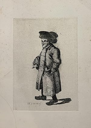 Antique print, etching 1889 | Beggar in Leiden, man in long coat, etching by Pieter Kikkert, 1 p.