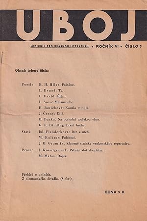 [CZECH WAR-TIME LITERATURE] Uboj: m sí ník pro krásnou literaturu. Ro ník VI,  íslo 3, 4 [a month...