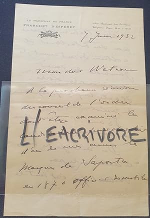 Lettre Autographe signée du Maréchal Franchet d'Espérey - 1932