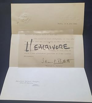 Lettre tapuscrite signée de W.C. Bullit Ambassadeur des USA - Juin 1940