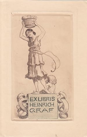 Bild des Verkufers fr Ex Libris Heinrich Graf. Stehende, Frchtekorb hochhaltend, daneben sitzendes Kleinkind. zum Verkauf von Antiquariat  Braun