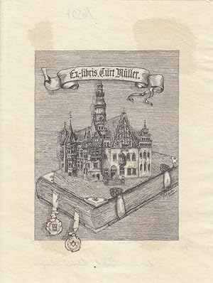 Seller image for Ex-libris Curt Mller. Rathaus von Breslau auf liegendem Folianten. for sale by Antiquariat  Braun