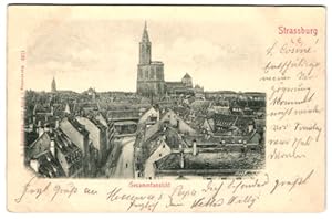 Relief-Ansichtskarte Strassburg i. E., Gesamtansicht mit Kirche und Strassenpartie