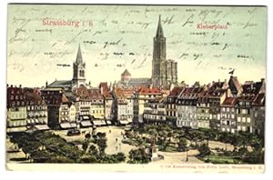 Relief-Ansichtskarte Strassburg i. E., Kleberplatz mit Kirche und Pferdebahn