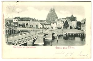 Relief-Ansichtskarte Elbing, Neue Brücke mit Marienkirche