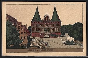 Steindruck-Ansichtskarte Lübeck, Holstentor