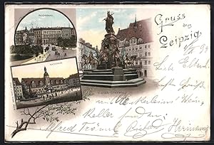 Vorläufer-Lithographie Leipzig, 1894, Reichsbank, Rathaus, Sieges-Denkmal