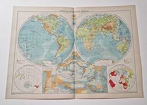 1940 Colour Lithograph Chart of the World in Hemispheres