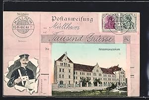 Ansichtskarte Müllheim, Kasernengebäude, Postanweisung über Tausend Grüsse, Briefträger, Briefmarken