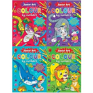 Seller image for Junior Art Colour By Numbers 4 Books Collection Set For Childrens Skills Development Butterfly, Cats, Lion, Shark for sale by Books 4 People