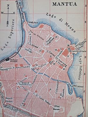 Mantua Italy Detailed City Plan Gardens Piazzas Railway c. 1890's tourist map