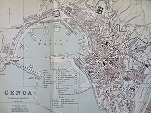 Genoa Italy Detailed City Plan Churches Hotels Railway c. 1890's tourist map
