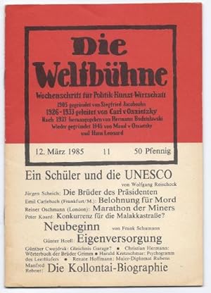 Bild des Verkufers fr Die Weltbhne. Wochenschrift fr Politik, Kunst, Wirtschaft. 80. Jg., Heft 11 (12. Mrz 1985). zum Verkauf von Antiquariat Bcherstapel