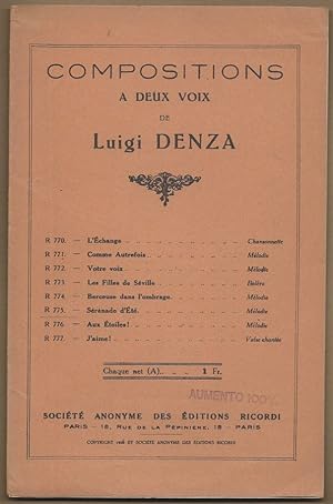 Bild des Verkufers fr Serenade d'ete. Melodie (= Compositions a deux voix de Luigi Denza, R. 775) [Partitur]. zum Verkauf von Antiquariat Bcherstapel