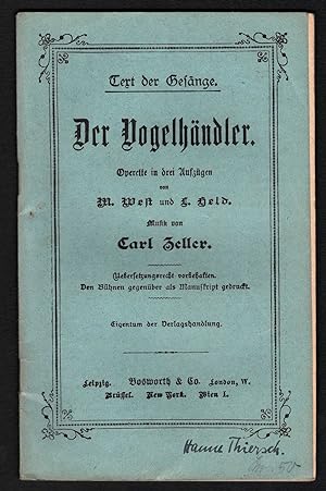 Immagine del venditore per Der Vogelhndler (= Text der Gesnge). venduto da Antiquariat Bcherstapel