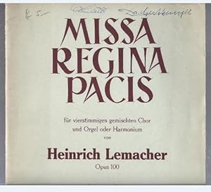 Image du vendeur pour Missa Regina Pacis fr viestimmigen gemischten Chor und Orgel oder Harmonium op. 100. Partitur. mis en vente par Antiquariat Bcherstapel