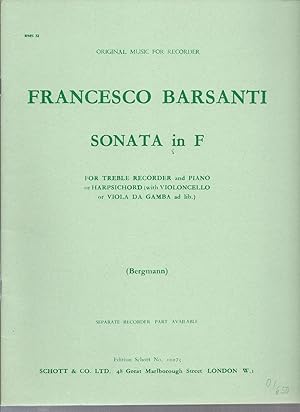 Bild des Verkufers fr Sonata in F (No. 5) for treble Recorder and Piano or Harpsichord (with Violoncello or Viola da Gamba ad lib.) (= Edition Schott No. 10075). zum Verkauf von Antiquariat Bcherstapel