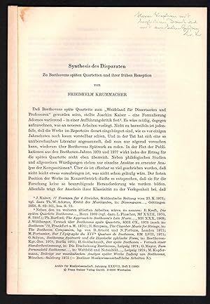 Immagine del venditore per Synthesis des Disparaten. Zu Beethovens spten Quartetten und ihrer frhen Rezeption (Sonderdruck aus: Archiv fr Musikwissenschaft, Jahrgang XXXVII, Heft 2). venduto da Antiquariat Bcherstapel