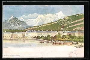 Künstler-Ansichtskarte Killinger Nr. 94: Genève, Panorama et le Montblanc, Berg mit Gesicht / Ber...
