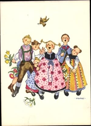 Künstler Ansichtskarte / Postkarte Hahn, Singende Kinder, Tracht, Vogel