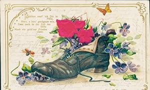 Bild des Verkufers fr Prge Stoff Litho Veilchen in schwarzem Schuh, Blumen, Schmetterling, Kitsch zum Verkauf von akpool GmbH