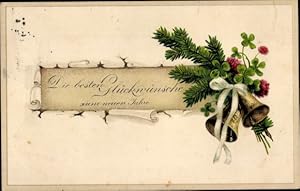 Ansichtskarte / Postkarte Glückwunsch Neujahr, Glocken, Kleeblätter