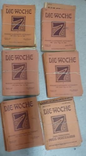 Immagine del venditore per Die Woche; Moderne illustrierte Zeitschrift; Konvolut 105 Hefte: 1899: Hefte 42 + 43; 1900: Hefte 1, 2,3,7, 8, 9, 11, 15, 18, 19, 25, 28, 32, 37, 49; 1901: Heft 25, 34, 44; 1902: Hefte 7, 9, 11, 12, 15, 17, 18, 30, 44; 1903: Hefte 3, 4, 9, 10, 11, 15, 21, 22, 23, 25, 26, 30, 31, 32, 33, 35, 36, 37, 39, 41, 46, 50; 1904: Hefte 1, 11, 12, 18, 27, 28, 29, 30, 31, 32, 33, 35, 36, 37, 40, 41, 42, 46; 1905; Hefte 7, 11, 14, 16, 17, 19, 20, 21, 22, 24, 26, 27, 28, 29, 30, 31, 40, 42, 43, 46, 48, 50, 51, 52; 1906: Heft 5; 1919: Heft 50; 1920; Heft 25; 1921: Heft 51; 1922: Hefte 43, 46, 47, 51; 1923: Hefte 4, 6, 8, 10, 12, 48/49; 50, 51 venduto da Elops e.V. Offene Hnde