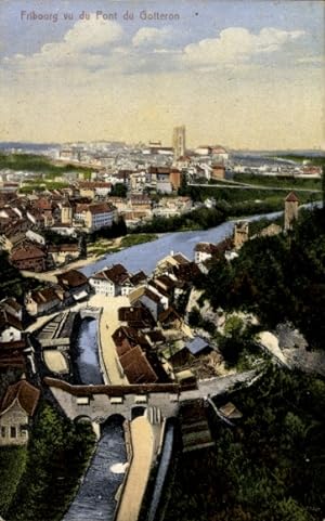 Ansichtskarte / Postkarte Fribourg Freiburg Stadt Schweiz, Gotteron Brücke, Luftbild der Stadt
