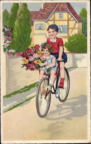 Ansichtskarte / Postkarte Junge und Mädchen auf einem Fahrrad, Blumenstrauß - Amag 2965