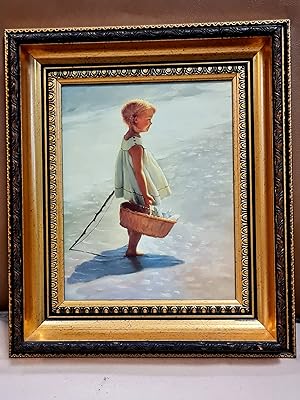 Junges Mädchen mit Angelrute und Fischkorb im Meeressaum. Wohl ein Kunstdruck auf Platte, alt ger...