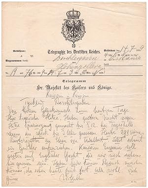 Wilhelm II., Emperor (1859-1941) - Autograph telegram signed to Empress Augusta Victoria