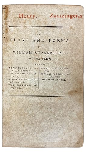 Seller image for The Plays and Poems of William Shakespeare. Corrected from the Latest and Best London Editions, with Notes, by Samuel Johnson, L. L. D. To which are Added, a Glossary and the Life of the Author. Embellished with a Striking Likeness from the Collection of His Grace the Duke of Chandos. First American Edition. Vols. I-VIII. Complete for sale by Donald A. Heald Rare Books (ABAA)