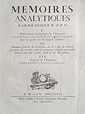 Immagine del venditore per Memoires analytiques. venduto da Gabriele Maspero Libri Antichi