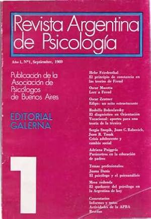 Imagen del vendedor de Revista Argentina de Psicologa. Ao I, N1, Septiembre, 1969. Director: Ricardo Malf. Presentacin de Hebe Friedenthal. Artculos de: Oscar Massota, Rodolfo Bohoslavsky. Sergio Snopik, Juan C. Rabovich, Adriana Puigrs de Joselevich, Juana Danis, Hernn Kesselman. a la venta por Librera y Editorial Renacimiento, S.A.