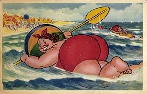 Künstler Ansichtskarte / Postkarte Dicke Frau im Badeanzug beim Paddeln im Meer