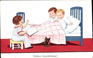 Bild des Verkufers fr Knstler Ansichtskarte / Postkarte Wills, John, Schne Geschichten, Kinder im Bett, Buch, Hund zum Verkauf von akpool GmbH