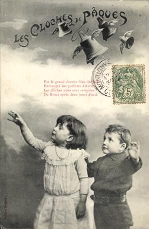 Ansichtskarte / Postkarte Glückwunsch Ostern, Geflügelte Glocken, Kinder