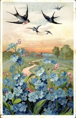 Ansichtskarte / Postkarte Schwalben über einer Wiese, Vergissmeinnichtblüten