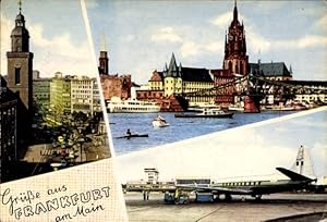 Ansichtskarte / Postkarte Rhein Main Flughafen, Frankfurt am Main, Passagierflugzeug, Hauptwache,...