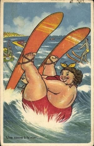 Ansichtskarte / Postkarte Dicke Frau im roten Badeanzug beim Wasserski