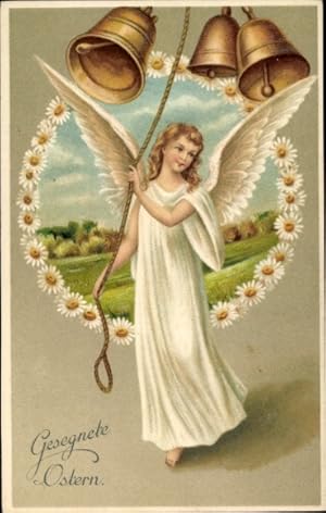 Präge Ansichtskarte / Postkarte Glückwunsch Ostern, Engel läutet die Glocken