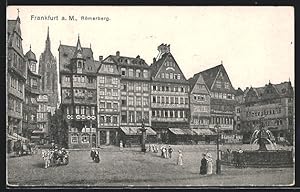 Ansichtskarte Alt-Frankfurt, Römerberg mit Geschäften und Justitia-Brunnen