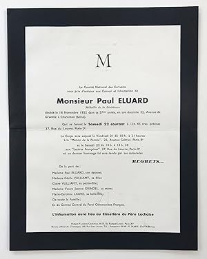 [Funeral announcement for Paul Eluard, addressed and mailed to Lucien Scheler]
