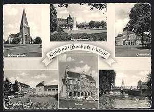 Ansichtskarte Bocholt i. Westf., St. Georgskirche, Kriegerehrenmal, Gymnasium, Rathaus und Aupartie