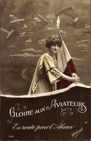 Ansichtskarte / Postkarte Französische Militärflugzeuge, Frau mit Landesflagge, Patriotik Frankreich
