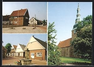 Ansichtskarte Gehrde, Ortspartie, Brunnen an der Strasse, Kirche