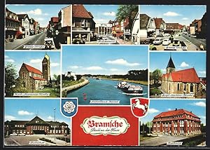 Ansichtskarte Bramsche, Brückenort, Bahnhof, Rathaus, Mittelland-Kanal