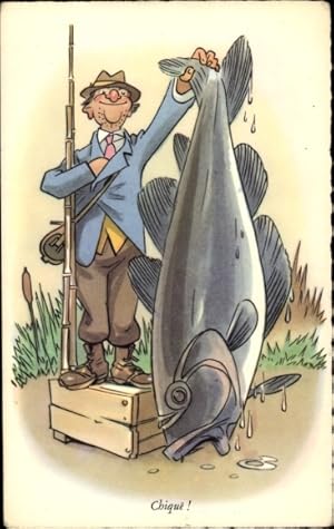Künstler Ansichtskarte / Postkarte Angler mit großem gefangenen Fisch